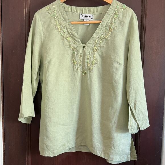 BUTTONS | 90s Vintage Sage Green Sequin V Neck Linen Shirt Tunic | Large - Picture 8 of 8
